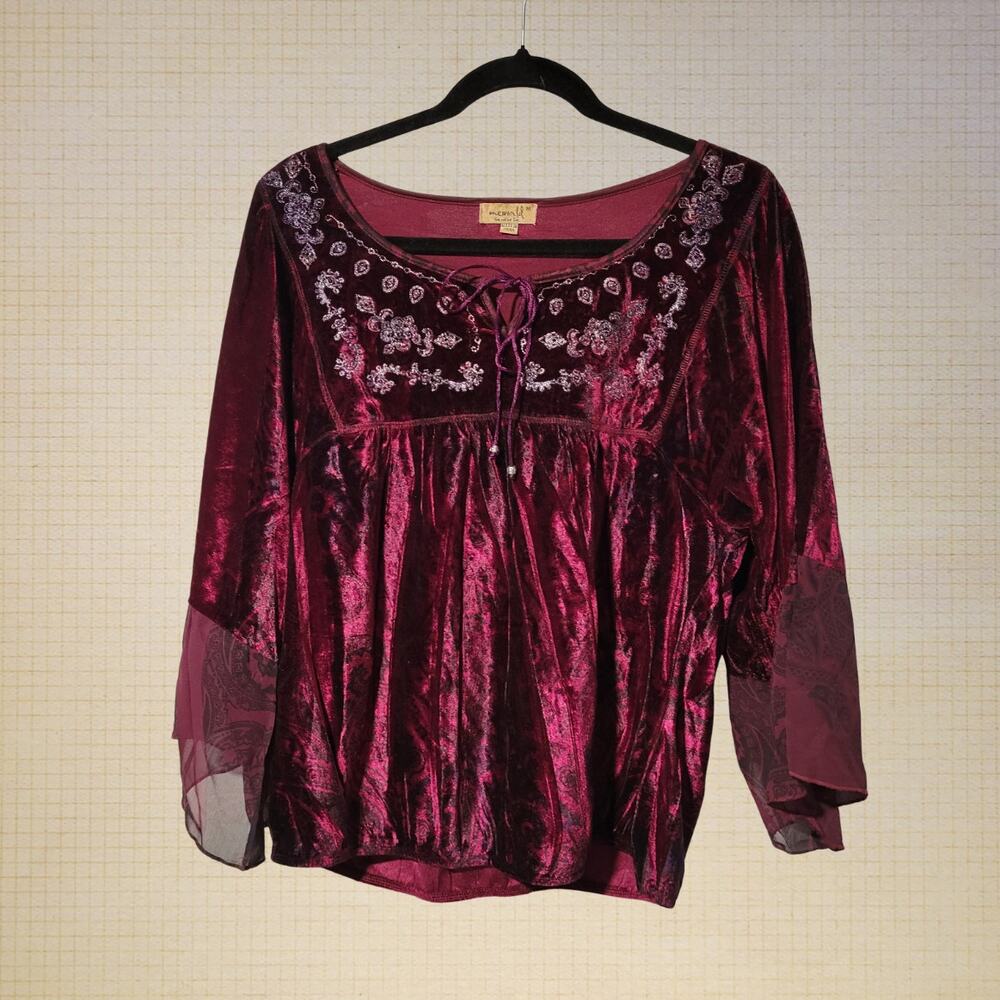 WhimsyGoth 2000s Velvet Tinselled Embroidered Batwing Sleeve Top M Oval Neckline